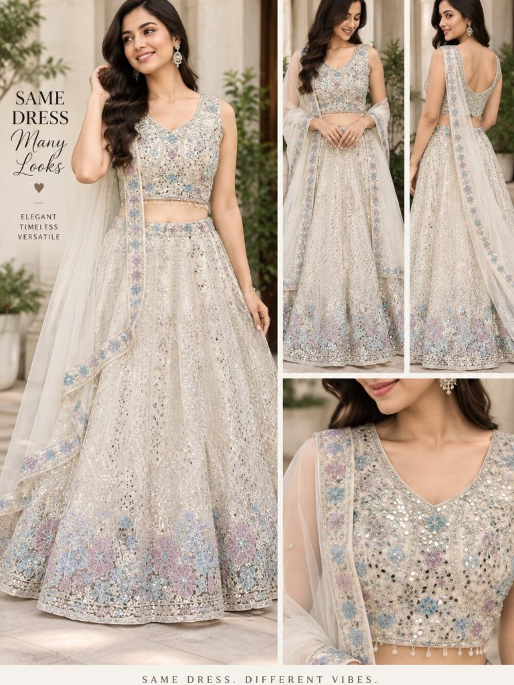 Embellished Off White Mirror Work Designer Lehengha Choli Set with Dupatta